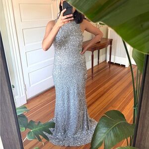 Theia Elegant Silver Sequin Gown